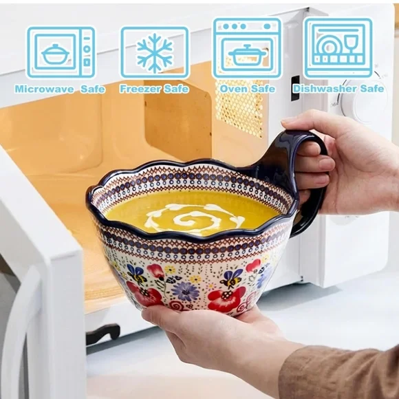 Floral Ceramic Soup Bowl with Handle - Picture 3 of 5